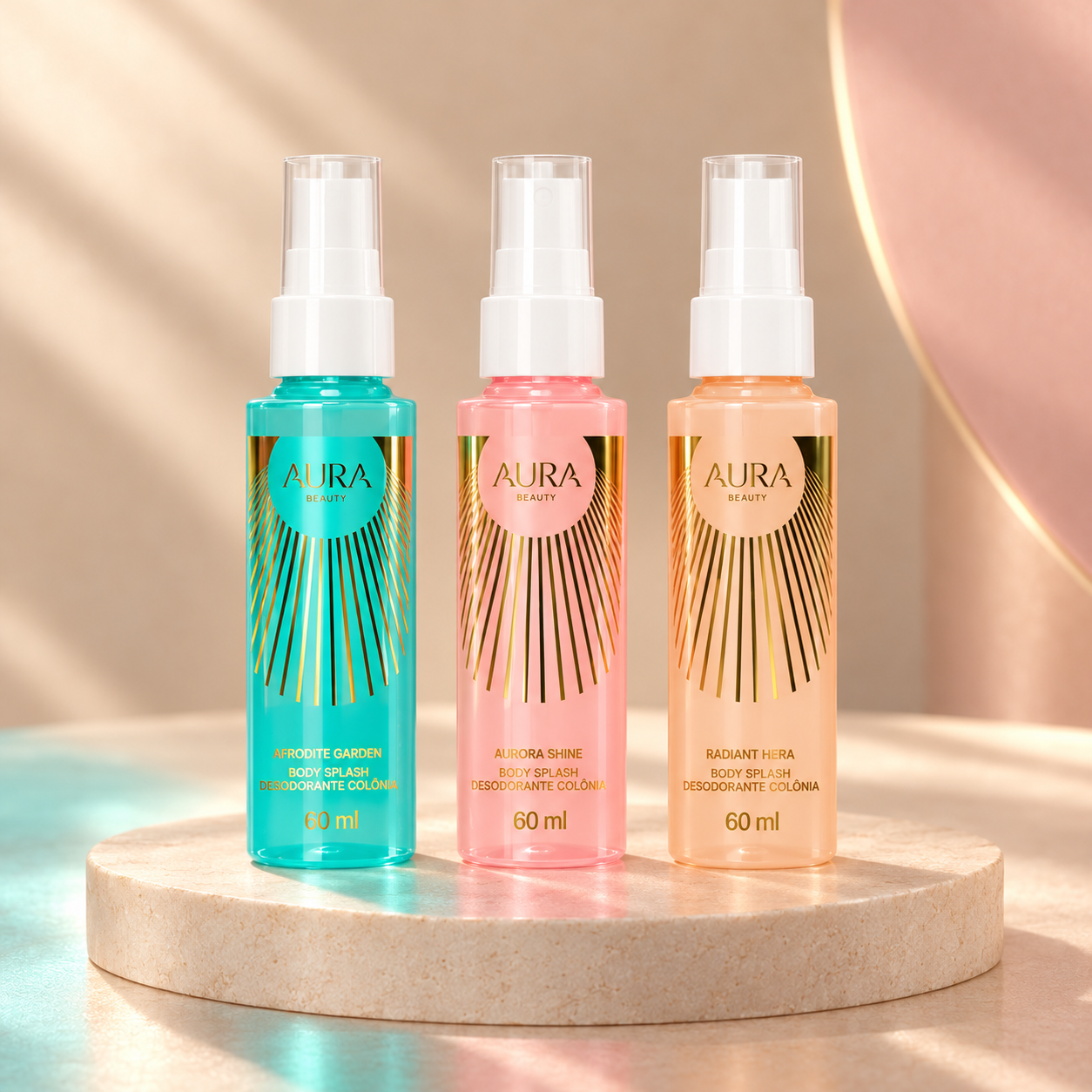 Três mini body splashes da Trilogia das Deusas: Afrodite Garden, Aurora Shine e Radiant Hera